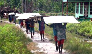 Masyarakat bergotong royong menjinjing tripleks dari pelabuhan ke lokasi pembangunan perumahan – Surya Papua/IST