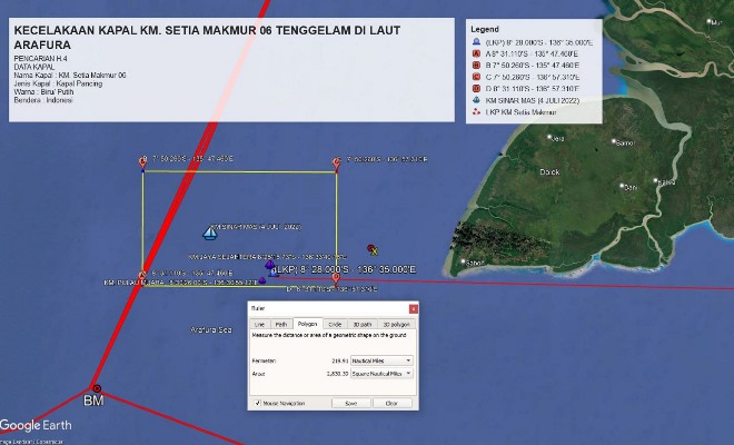 Lokasi tenggelamnya KM Setia Makmur 06 di perairan Arafura – Surya Papua/IST