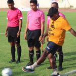Bupati Merauke, Romanus Mbaraka sedang menendang bola, tanda dibukanya turnamen Bupati Cup – Surya Papua/Frans Kobun