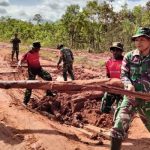 Beberapa anggota TNI sedang memindahkan kayu di tengah jalan yang dipalang – Surya Papua/IST