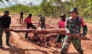 Beberapa anggota TNI sedang memindahkan kayu di tengah jalan yang dipalang – Surya Papua/IST