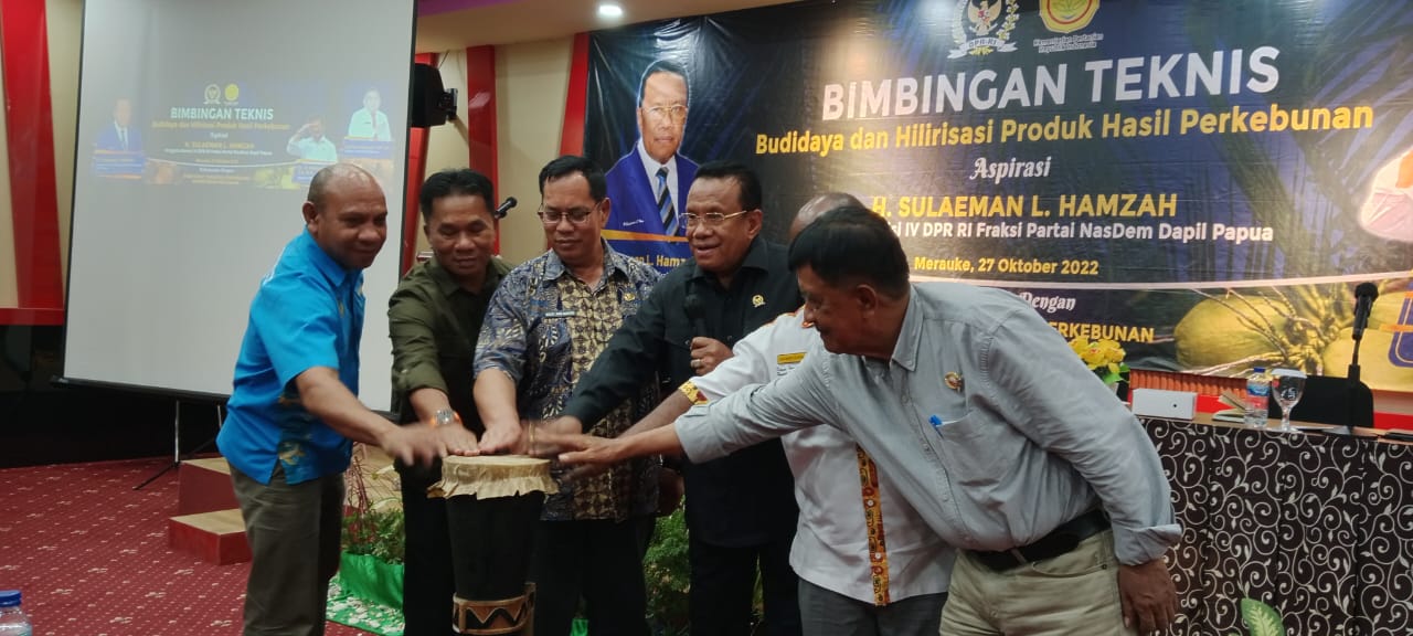 Anggota Komisi IV DPR RI, Sulaeman Hamzah bersama sejumlah pejabat lain memukul tifa pertanda bimtek dibuka – Surya Papua/Yulianus Bwariat