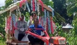 Anggunnya pengantin saat naik traktor menuju ke gereja tadi pagi – Surya Papua/IST