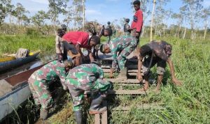Kegiatan perbaikan jembatan oleh Satgas Pamtas bersama masyarakat di Dusun Yakyu, Kampung Rawa Biru – Surya Papua/IST