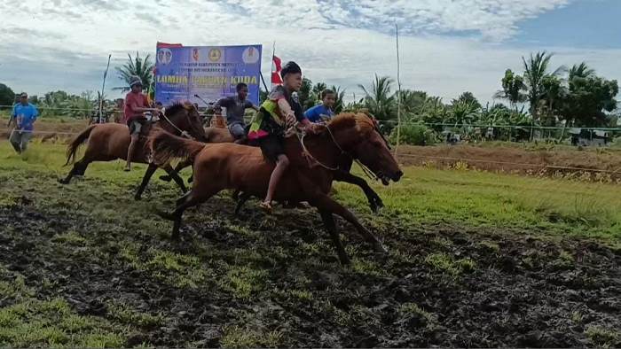 Para joki sedang melarikan kudanya di arena sirkuit yang berlangsung tadi siang – Surya Papua/ Hendrik Resi