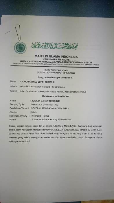 Rekomendasi yang dikeluarkan MUI Kabupaten Merauke- Surya Papua/IST