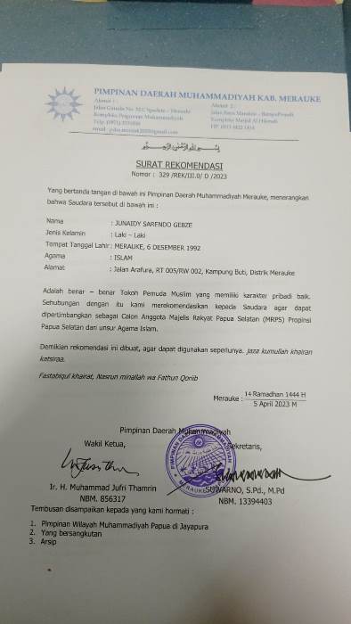 Rekomendasi yang dikeluarkan Pimpinan  Muhammadiyah Kabupaten Merauke – Surya Papua/IST