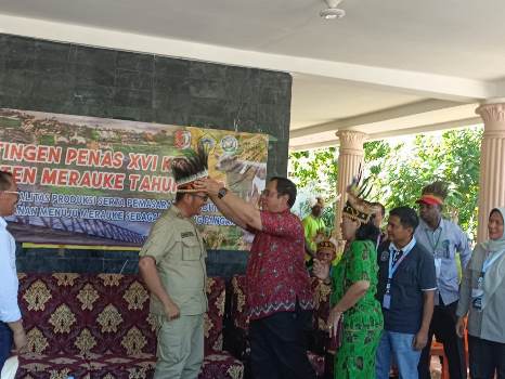 Asisten I Setda Provinsi Papua Selatan, Joko Guritno sedang menenakan asesiris di kepala kepada Walikota Padang – Surya Papua/Frans Kobun