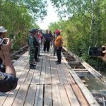 Bupati Merauke, Romanus Mbaraka saat meninjau jembatan kayu yang merupakan penghubung ke Batu Merah- Surya Papua/Frans Kobun