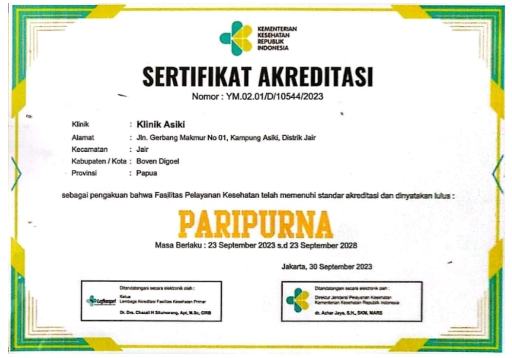 Sertifikat Akreditasi Paripurna untuk Klinik Asiki – Surya Papua/IST