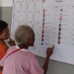 Mama Papua sedang melihat namanya di papan untuk mencoblos – Surya Papua/Frans Kobun
