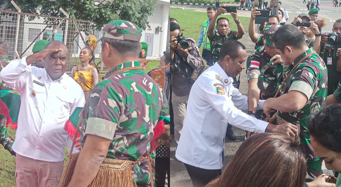 Bupati Merauke, Romanus Mbaraka dan Penjabat Gubernur Papua Selatan, Apolo Safanpo bersama Forkopimda saat menyambut kedatangan KASAD, Jenderal TNI Maruli Simanjuntak di Bandara Mopah- Surya Papua/Frans Kobun