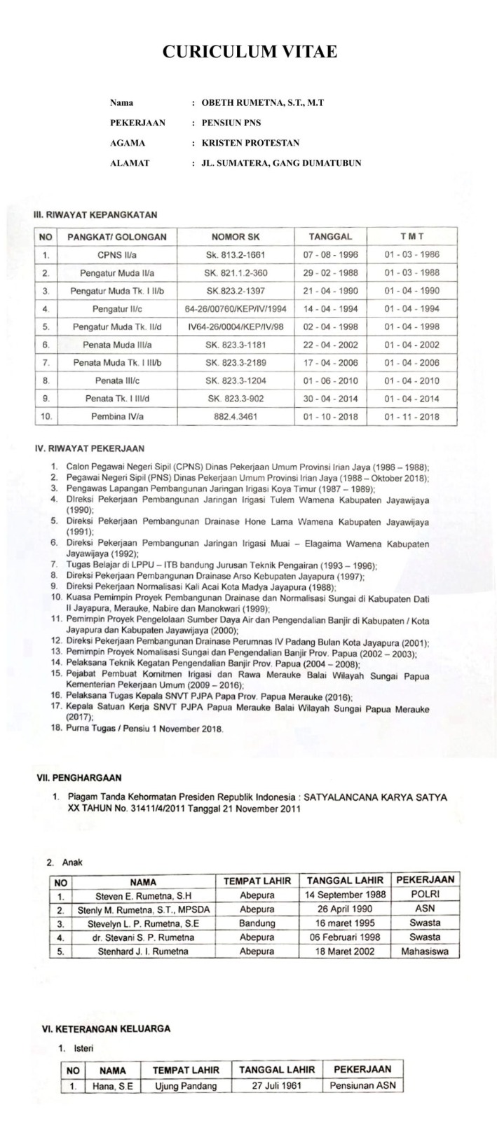 Curiculum vitae dari Bacabup Merauke, Obeth Rumetna - Surya Papua/IST