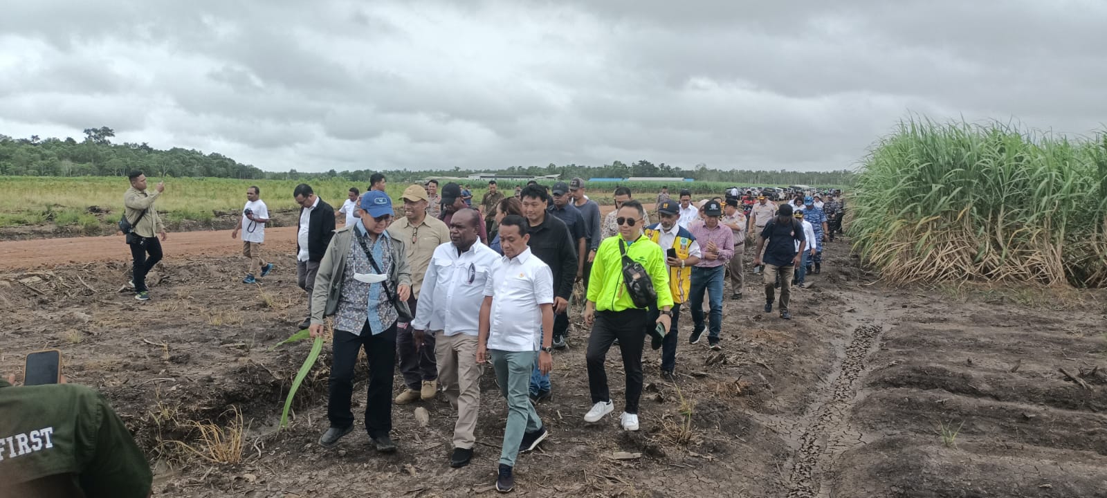 Bupati Merauke, Romanus Mbaraka saat mendampingi -Kepala Badan Koordinasi Penanaman Modal, Bahlil Lahadalia meninjau lokasi pembibitan tebu – Surya Papua/Frans Kobun