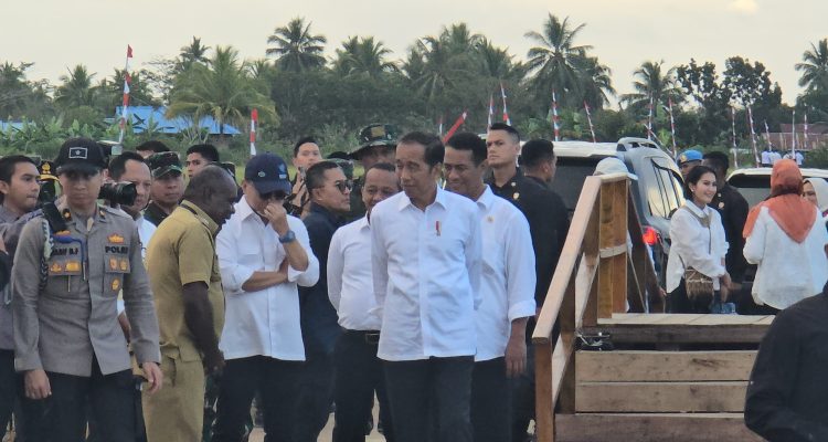 Bupati Merauke, Romanus Mbaraka saat sedang mendampingi Presiden Jokowi serta sejumlah menteri di areal persawahan petani di Kampung Telaga Sari, Distrik Kurik – Surya Papua/IST