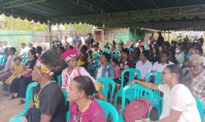 Seratusan masyarakat menyambut dengan sukacita kedatangan Calon Gubernur-Wakil Gubernur Papua Selatan, Romanus Mbaraka-Albert Muyak – Surya Papua/Frans Kobun