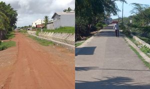 Jalan di Ampera 5, Kelurahan Maro yang sudah diaspal. Gambar jalan yang belum dan sesudah diaspal – Surya Papua/Frans Kobun