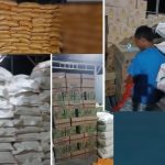 menumpuk Tumpukan beras serta ratusan kaleng suku milik tim sukses Paslon Gubernur dan Bupati Merauke tertentu yang sedang dikemas dan siap dibagikan – Surya Papua/IST