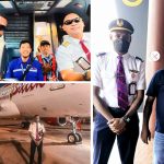 Foto Marthen Mugujay sedang bersama Bupati Merauke, Romanus Mbaraka juga sedang bersama rekan pilot di Pesawat Batik Air – Surya Papua/IST