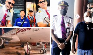 Foto Marthen Mugujay sedang bersama Bupati Merauke, Romanus Mbaraka juga sedang bersama rekan pilot di Pesawat Batik Air – Surya Papua/IST