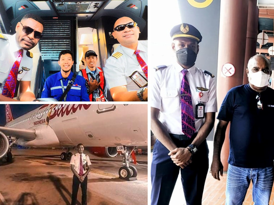 Foto Marthen Mugujay sedang bersama Bupati Merauke, Romanus Mbaraka juga sedang bersama rekan pilot di Pesawat Batik Air – Surya Papua/IST