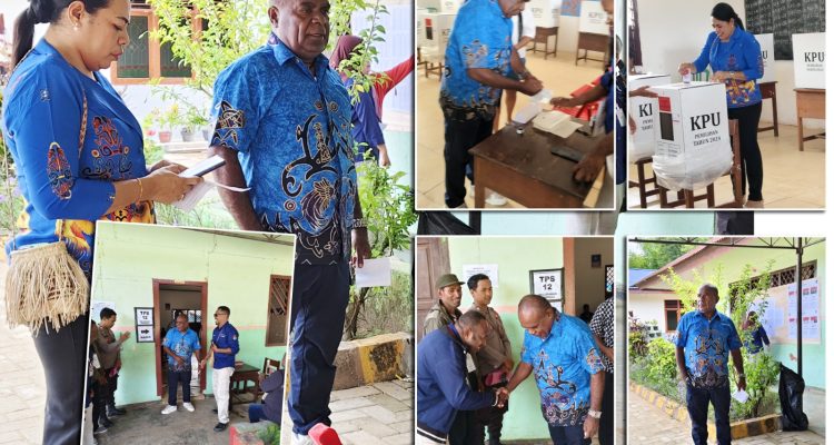 Cagub Papua Selatan, Romanus Mbaraka didampingi isterinya mencoblos di TPS 12 – Surya Papua/IST