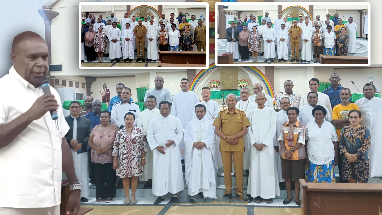 Sekretaris Daerah (Sekda) Merauke, Yeremias Paulus Ndiken foto bersama para pastor serta awam yang melakukan ziarah ke Yerusalem – Surya Papua/Frans Kobun