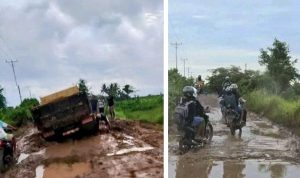 Inilah kondisi badan jalan ke KUrik 6, Kabupaten Merauke yang mengalami kerusakan parah – Surya Papua/IST