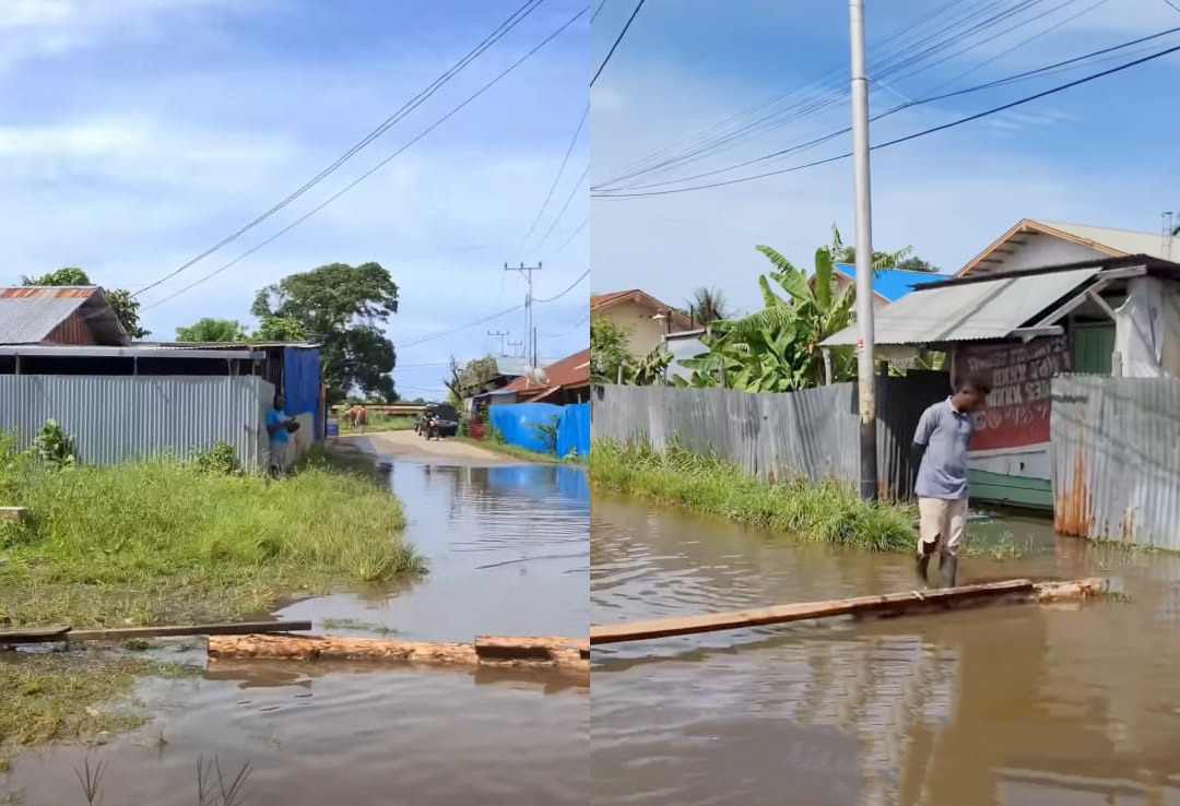 Ruas jalan di sekitar tower, Jalan sesate yang dipalang, lantaran banjir tak kunjung surut – Surya Papua/IST