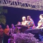 Bupati Merauke, Romanus Mbaraka saat sedang memberikan sambutan pada HUT Merauke ke-123 – Surya Papua/Frans Kobun
