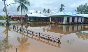 Perumahan masyarakat Kampung Sumber Rejeki yang terendam banjir- Surya Papua/Frans Kobun