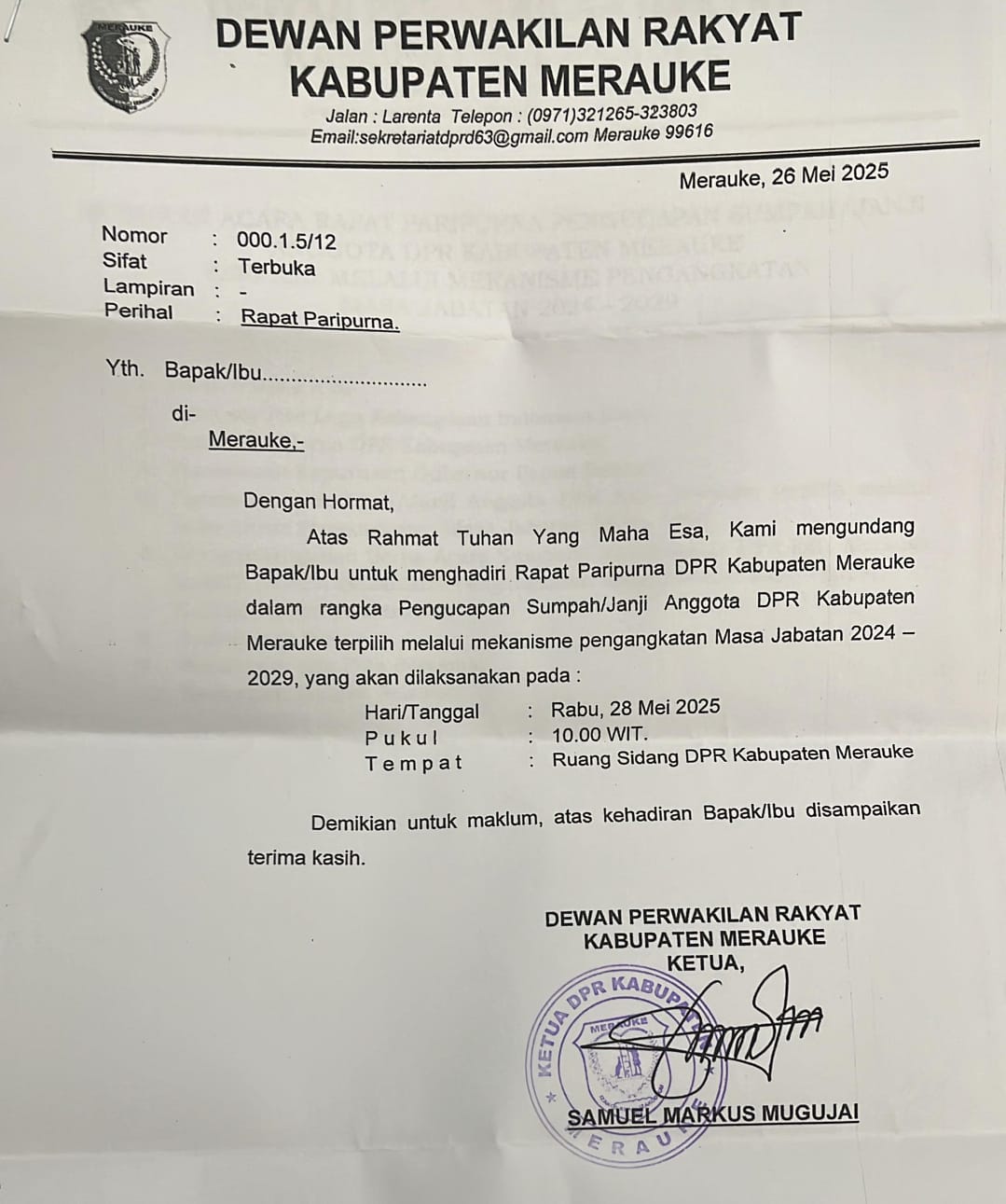 Undangan pelantikan 8 anggota DPR Kabupaten Merauke jalur pengangkatan yang ditandatangani Ketua DPRD setempat, Samuel Mugujay – Surya Papua/IST