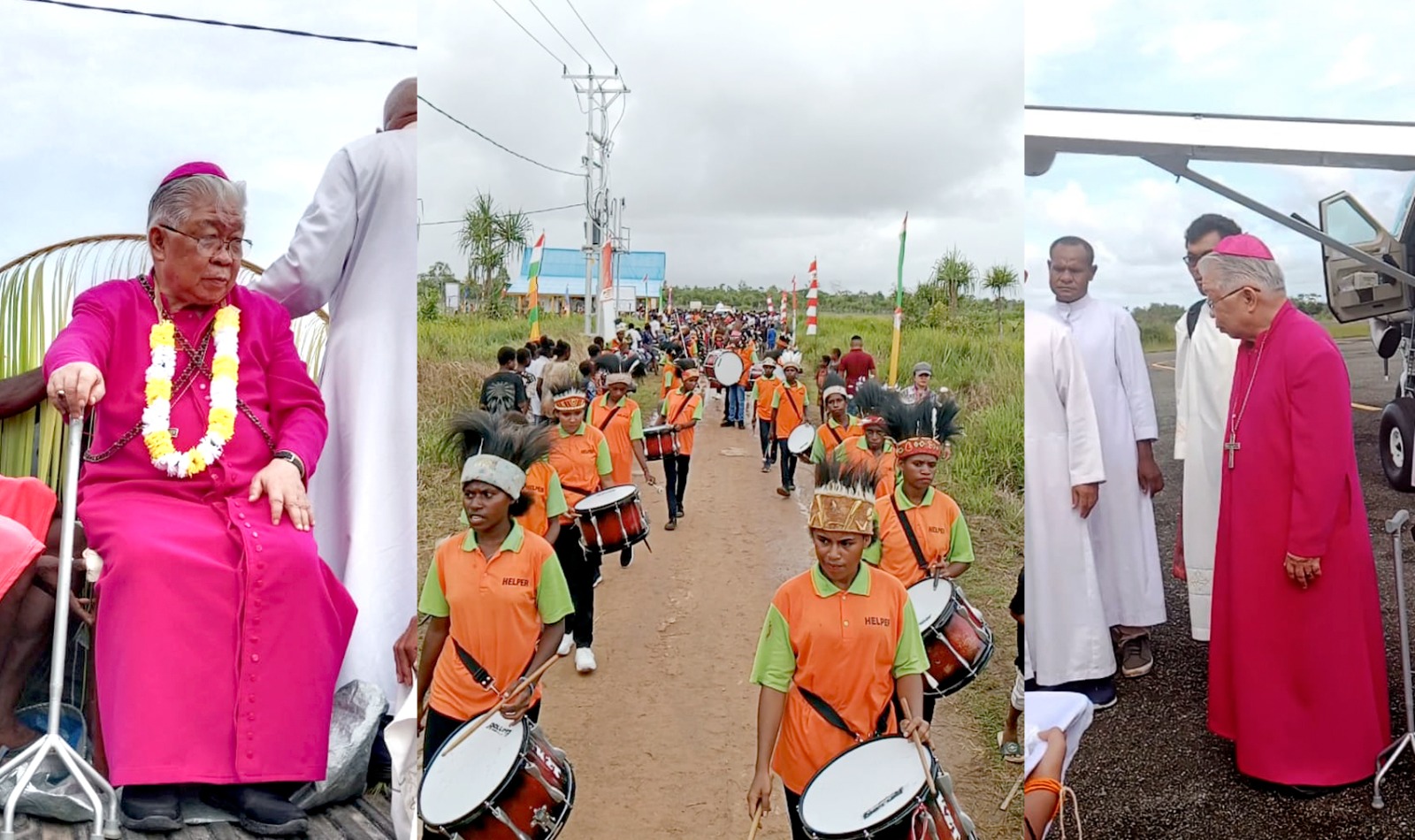 Uskup Mandagi saat disambut ratusan umat di Kimaam – Surya Papua/IST