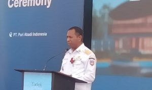 Gubernur Papua Selatan, Apolo Safanpo sedang berikan sambutan pada peletakan Hotel Marriott Merauke – Surya Papua/Frans Kobun