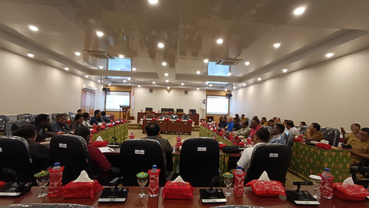 Bupati Mappi, Kristosimus Yohanes Agawemu sedang memaparkan program kerja dihadapan DPR Papua Selatan – Surya Papua/Frans Kobun