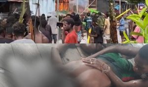 Pos Satgas 123 Agats yang dibakar masyarakat setempat setelah salah seorang warga diduga tewas ditembak – Surya Papua/IST