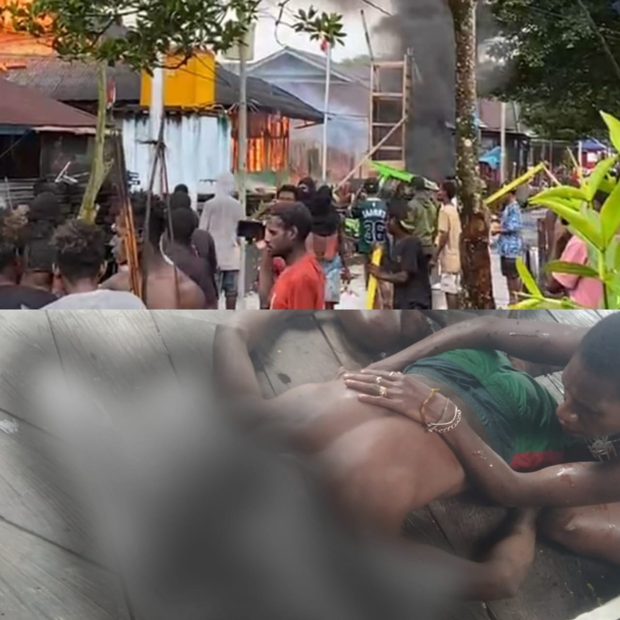 Pos Satgas 123 Agats yang dibakar masyarakat setempat setelah salah seorang warga diduga tewas ditembak – Surya Papua/IST