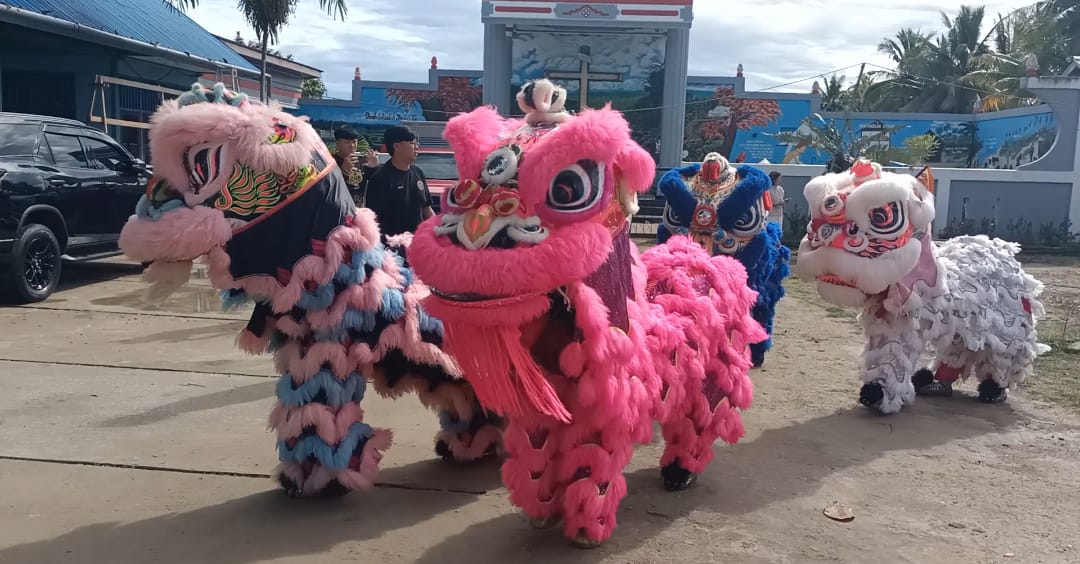 Atraksi Barongsai dalam perayaan misa inkulturasi Etnis Tionghoa di Gereja Santa Theresia Buti – Surya Papua/Frans Kobun