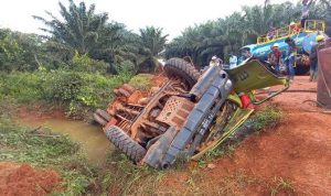 Truk pengangkut minyak kelapa sawit yang terguling akibat jalan licin – Surya Papua/IST