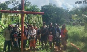 Aksi penancapan Salib Merah terus dilakukan masayraakt di kampung-kampung sebagai bentuk penolakan PSN – Surya Papua/IST