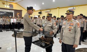 Kapolres Merauke, AKBP Leonardo Yoga sedang menyerahkan ayam kampung dua ekor kepada dua perwira polisi yang memasuki masa pensiun – Surya Papua/IST