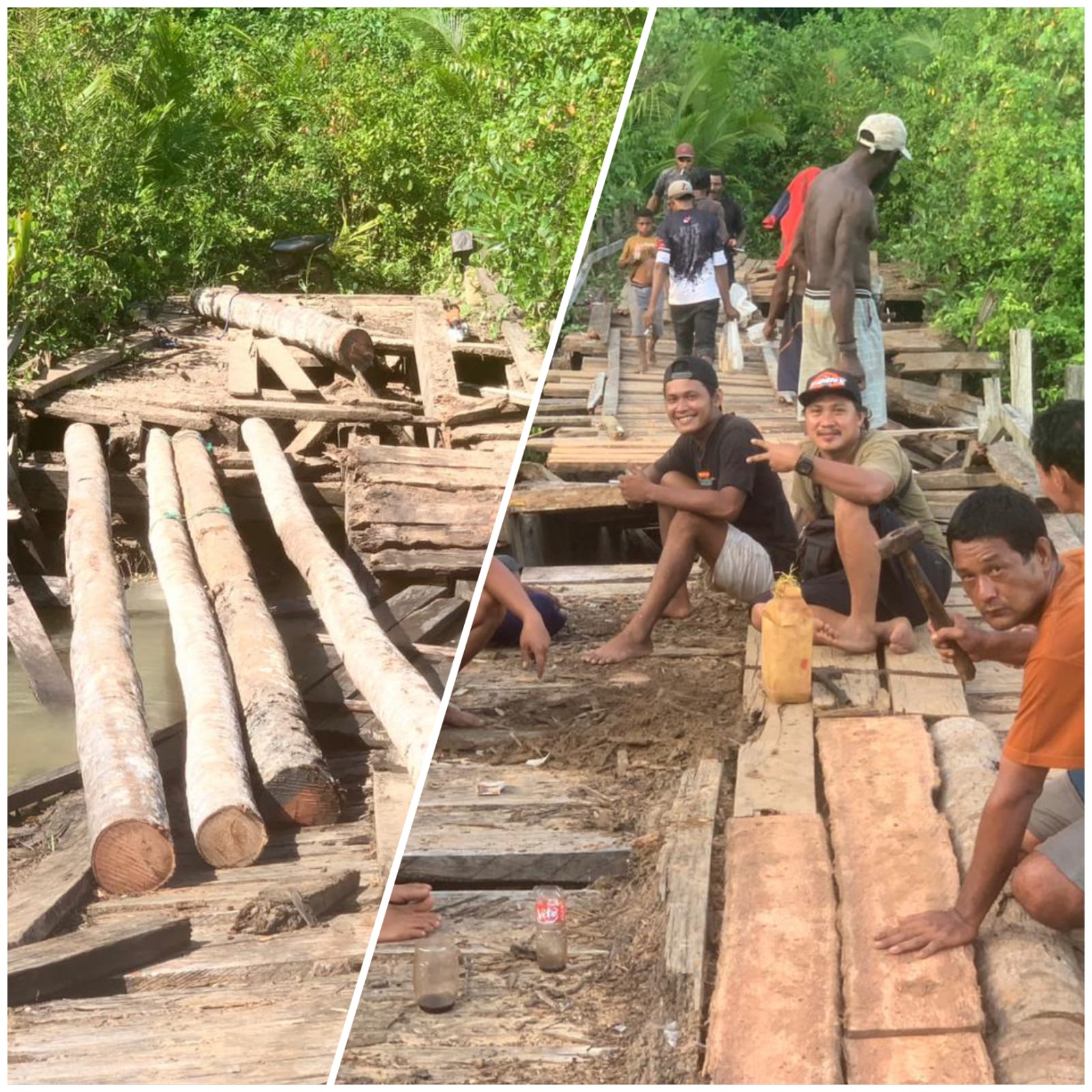 Masyarakat sedang bergotong royong memperbaiki jembatan di Tubang yang rusak- Surya Papua/IST