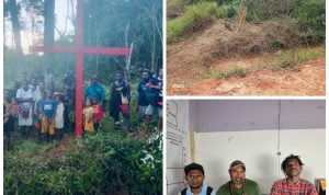 Salib Merah yang dicabut orang tidak dikenal di hutan adat milik marga Kamuyen di Kampung Nakias, Distrik Ngguti, Kabupaten Merauke – Surya Papua/IST
