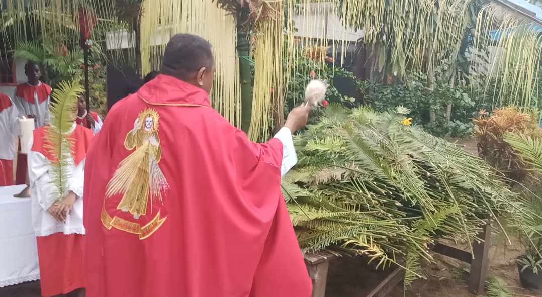 Pastor Simon Petrus Matruty sedang memberkati daun palma – Surya Papua/Frans Kobun