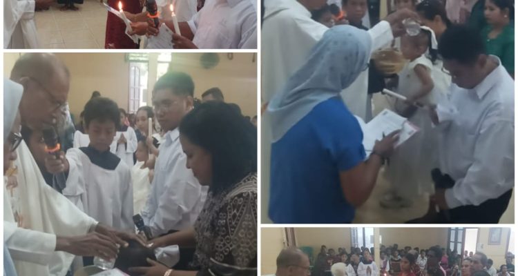 Tiga orang resmi masuk Gereja Katolik serta enam anak dibaptis dalam perayaan misa yang berlangsung di Gereja Katolik Santa Theresia Buti-Merauke – Surya Papua/Frans Kobun