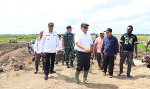 Dirjen Lahan dan Irigasi Kmentan RI, Hermanto didampingi Gubernur Papua Selatan, Apolo Safanpo meninjau lahan cetak sawah di Kampung Waninggap Kai – Surya Papua/IST