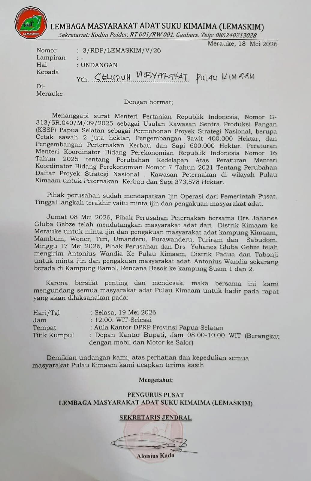 Surat yang tengah beredar untuk rencana aksi besok ke DPR Papua Selatan – Surya Papua/IST