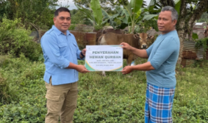 Penyerahan hewan kurban secara simbolis oleh Pimpinan TSE Group kepada salah satu pengurus masjid – Surya Papua/IST