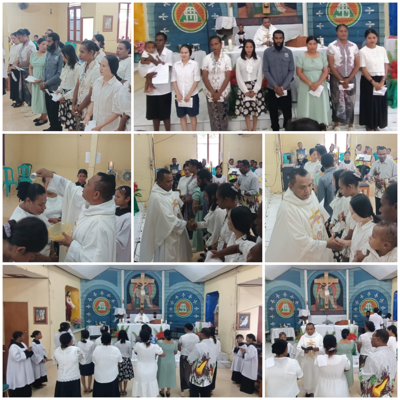 Proses penerimaan 8 warga Protestan serta dua orang dewasa dipermandikan dalam perayaan misa di Gereja Santa Theresia Buti-Merauke – Surya Papua/Frans Kobun