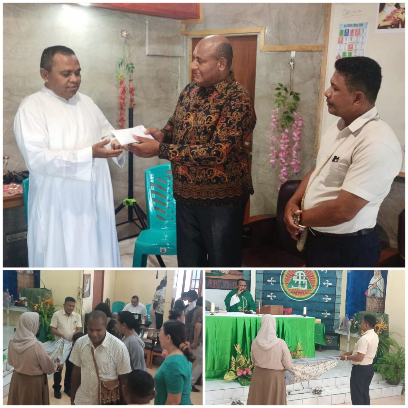 Penyerahan dana dari gerakan 5 menit ASN Katolik usai perayaan misa di Gereja Santa Theresia Buti – Surya Papua/Frans Kobun